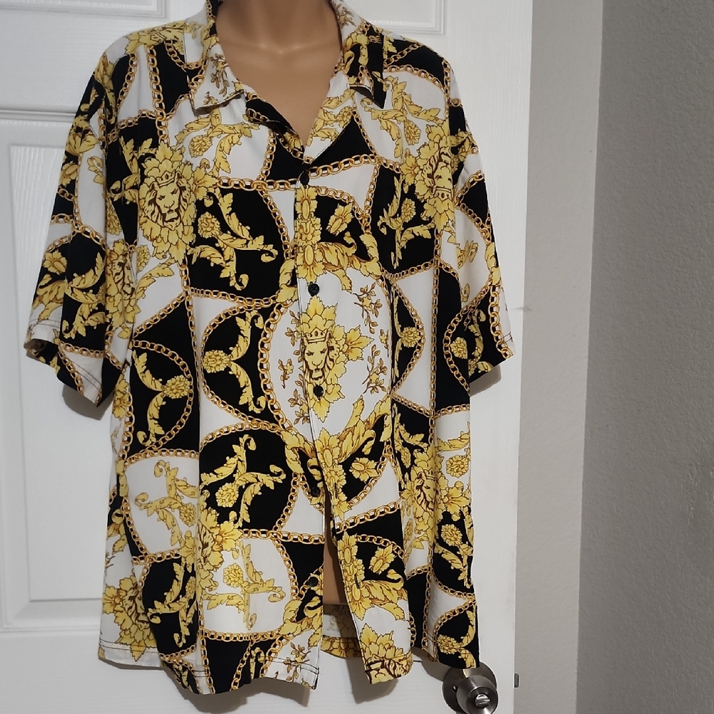 Vintage Button Down Shirts Men Baroque Black Gold Dress Up Short Sleeve Soft Cla